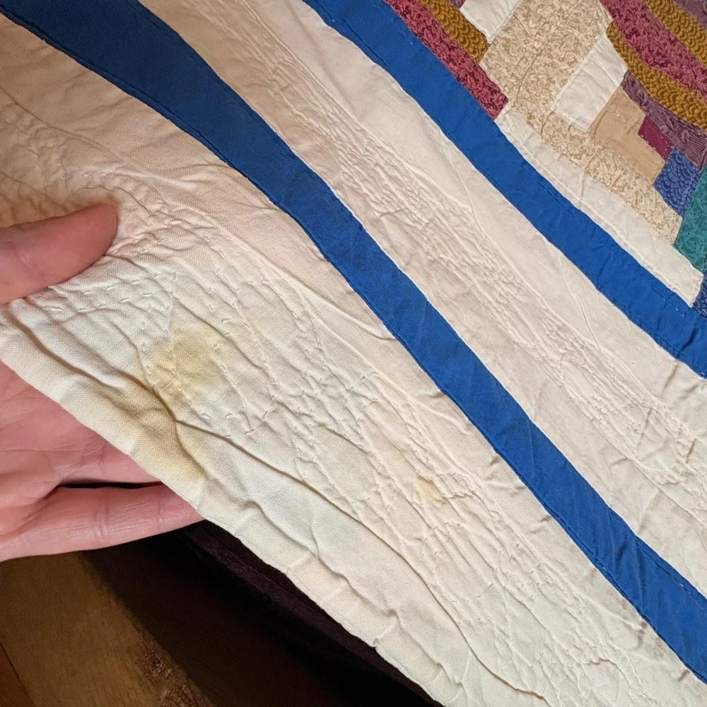 Antique 1930s Log Cabin Quilt Full Size Handmade Barn Raising Pieced Backing